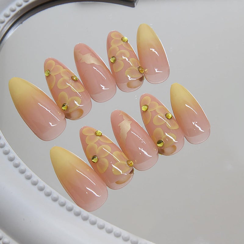ASABITE 24 Pcs Almond Press on Nails Medium Fake Nails with Glue Artificial False Nails with 3D Flower Charms Design Acrylic Nails Press ons Stiletto Nail Tips Summer Glue on Nails Stick on Nails for Women - Image 3